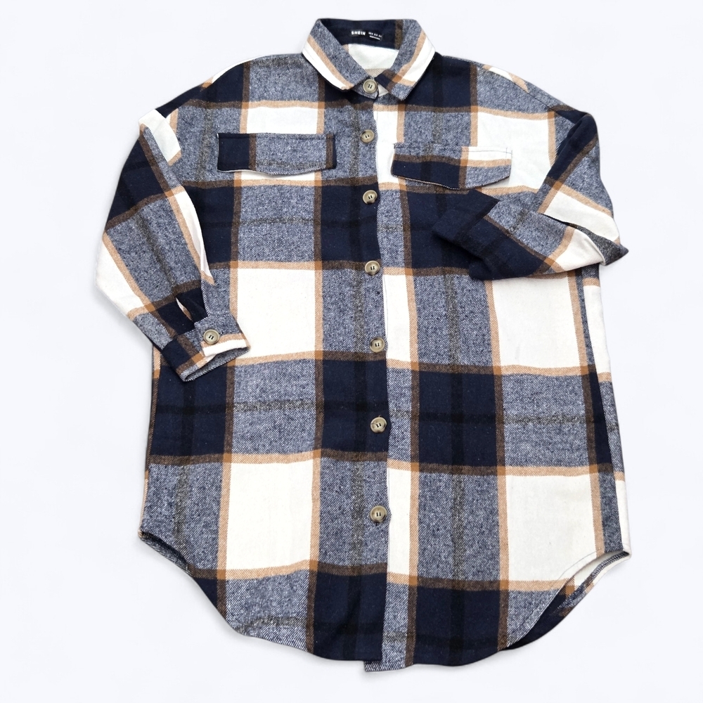 SHEIN Blue Ivory Black Brown Plaid Button Down Oversize Shacket Shirt Size M EUC